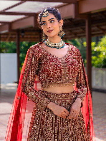Red Floral Embroidery Bridal Net Lehenga - Diadem