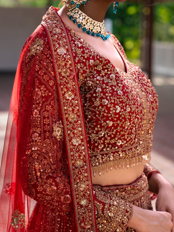 Red Floral Embroidery Bridal Net Lehenga - Diadem