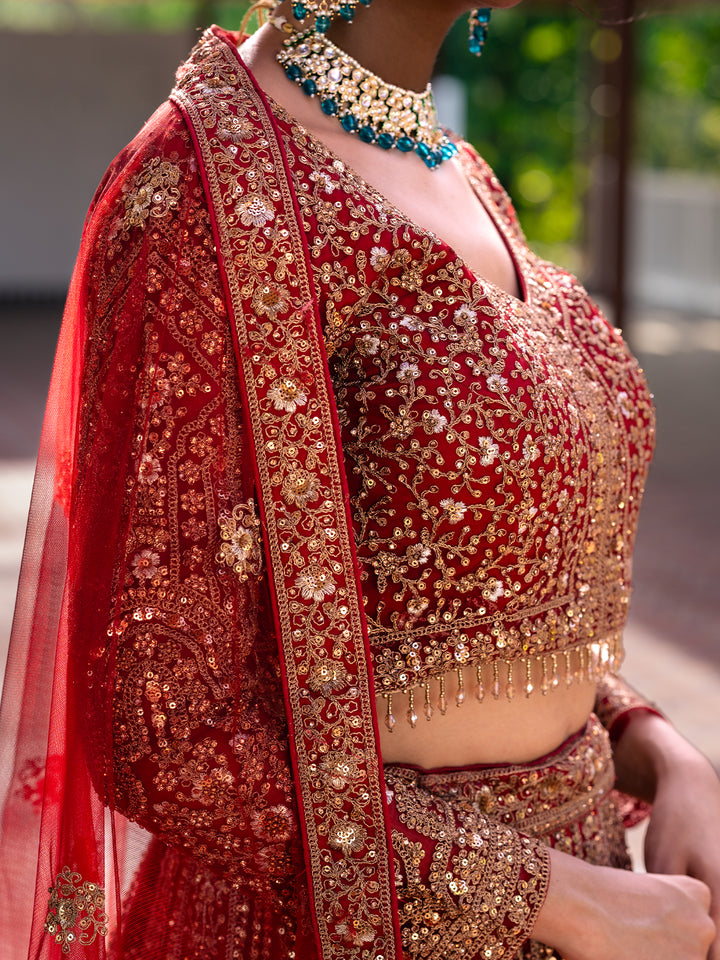 Red Floral Embroidery Bridal Net Lehenga - Diadem