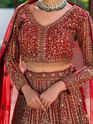 Red Floral Embroidery Bridal Net Lehenga - Diadem