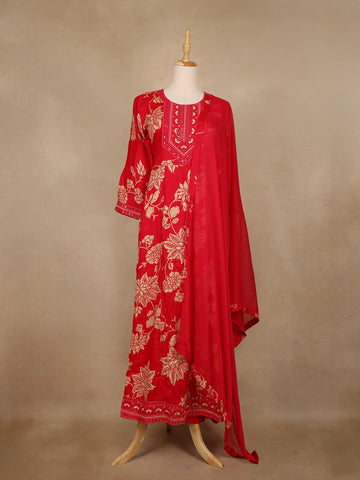 Red Floral Printed Cotton Salwar Suit - Diadem