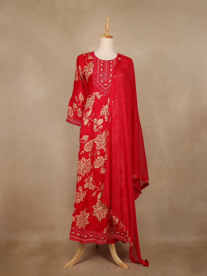 Red Floral Printed Cotton Salwar Suit - Diadem