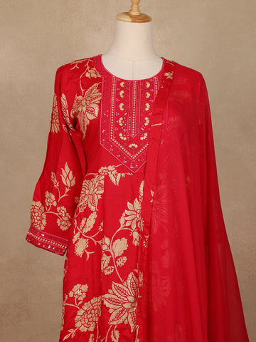 Red Floral Printed Cotton Salwar Suit - Diadem