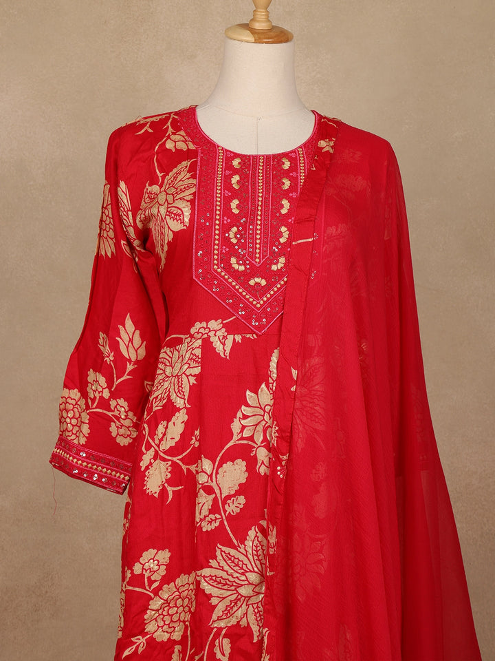 Red Floral Printed Cotton Salwar Suit - Diadem