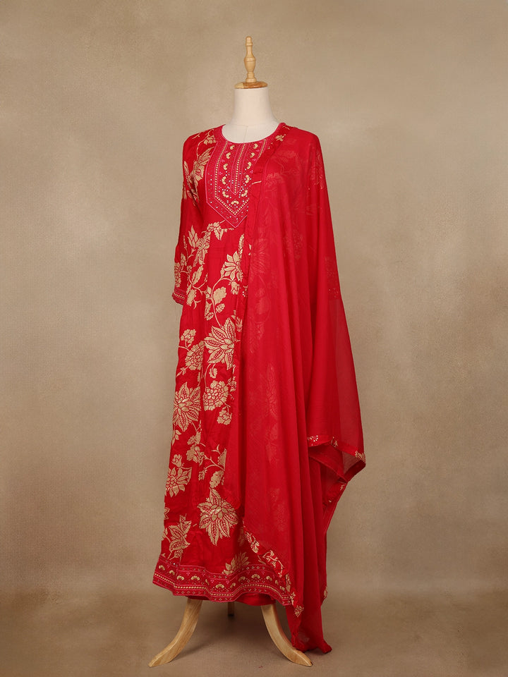 Red Floral Printed Cotton Salwar Suit - Diadem