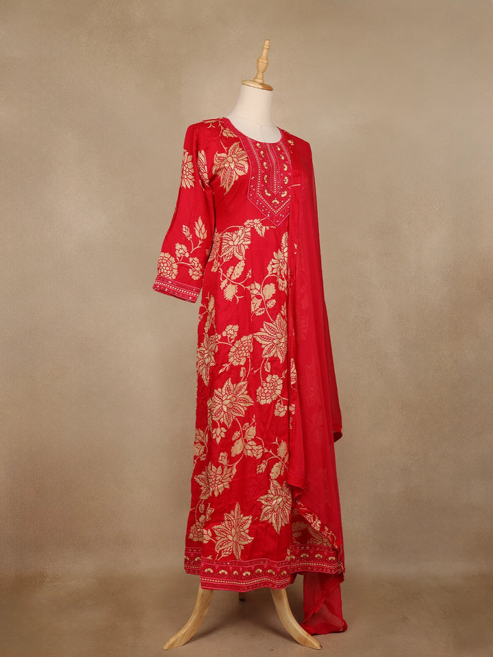 Red Floral Printed Cotton Salwar Suit - Diadem