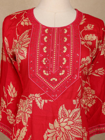 Red Floral Printed Cotton Salwar Suit - Diadem