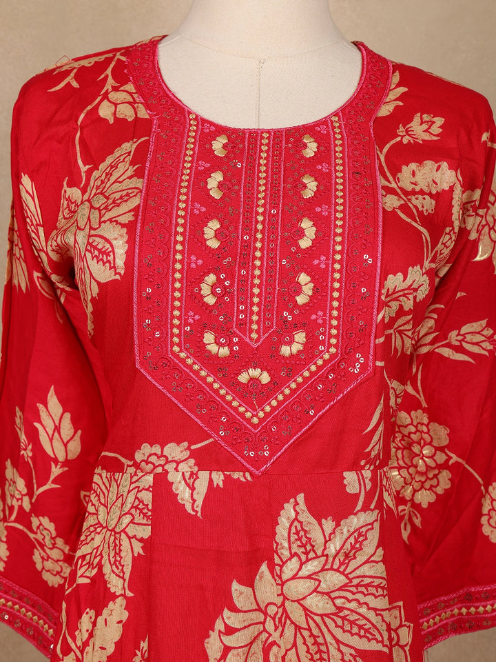 Red Floral Printed Cotton Salwar Suit - Diadem