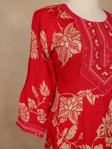 Red Floral Printed Cotton Salwar Suit - Diadem