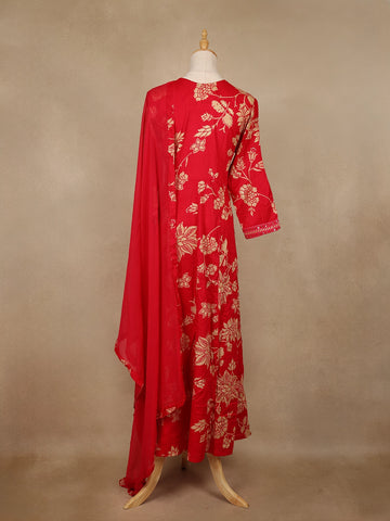 Red Floral Printed Cotton Salwar Suit - Diadem