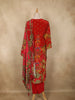 Red Floral Printed and Beads Embroidered Design Synthetic Straight Cut Salwar Suit with Dupatta