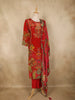 Red Floral Printed and Beads Embroidered Design Synthetic Straight Cut Salwar Suit with Dupatta