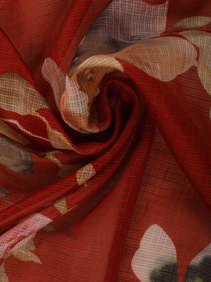 Red Floral Printed Kota Cotton Saree - Diadem
