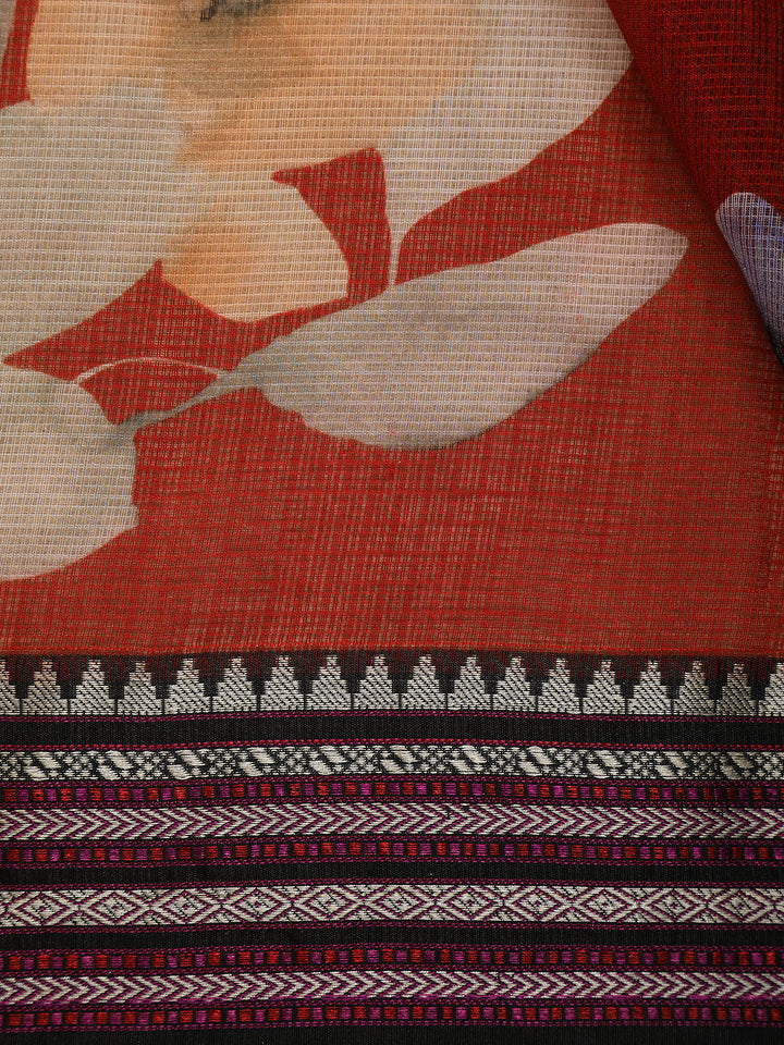 Red Floral Printed Kota Cotton Saree - Diadem