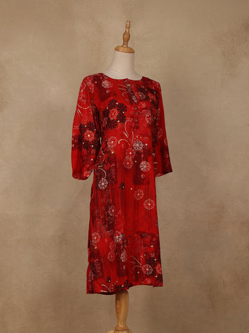 Red Floral Printed Rayon Kurti - Diadem