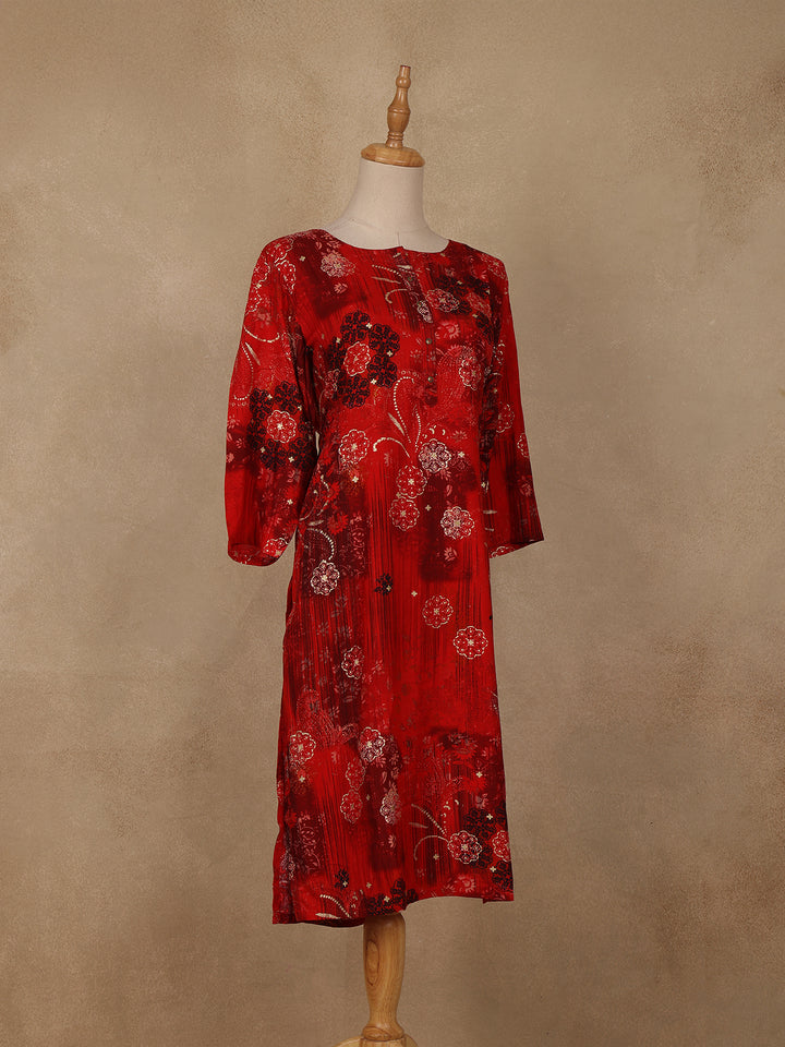 Red Floral Printed Rayon Kurti - Diadem