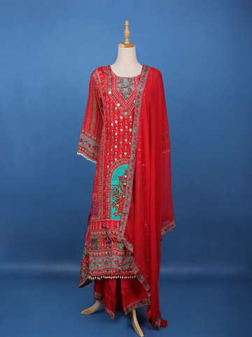 Red Floral Printed Synthetic Palazzo Salwar Suit - Diadem