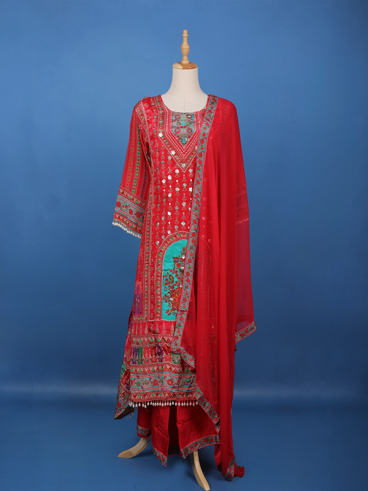 Red Floral Printed Synthetic Palazzo Salwar Suit - Diadem