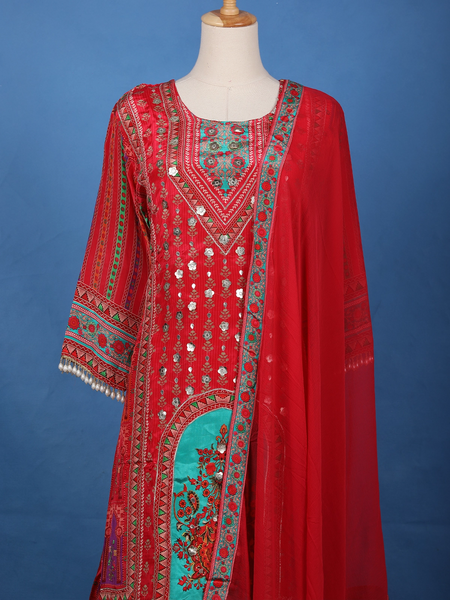 Red Floral Printed Synthetic Palazzo Salwar Suit - Diadem