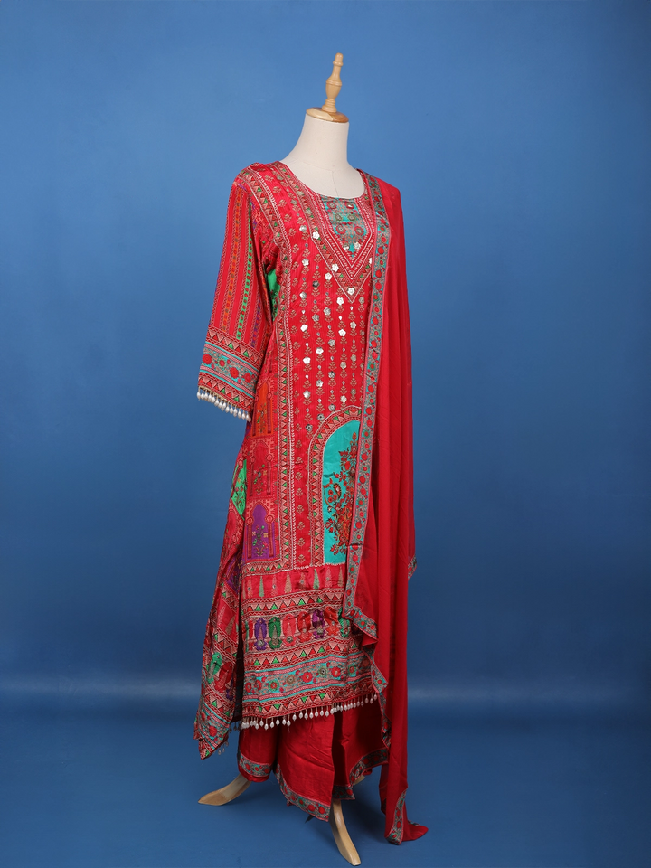 Red Floral Printed Synthetic Palazzo Salwar Suit - Diadem