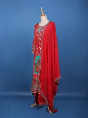 Red Floral Printed Synthetic Palazzo Salwar Suit - Diadem