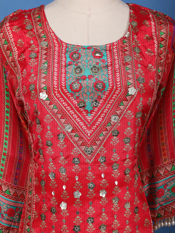 Red Floral Printed Synthetic Palazzo Salwar Suit - Diadem