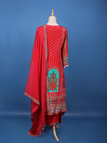 Red Floral Printed Synthetic Palazzo Salwar Suit - Diadem