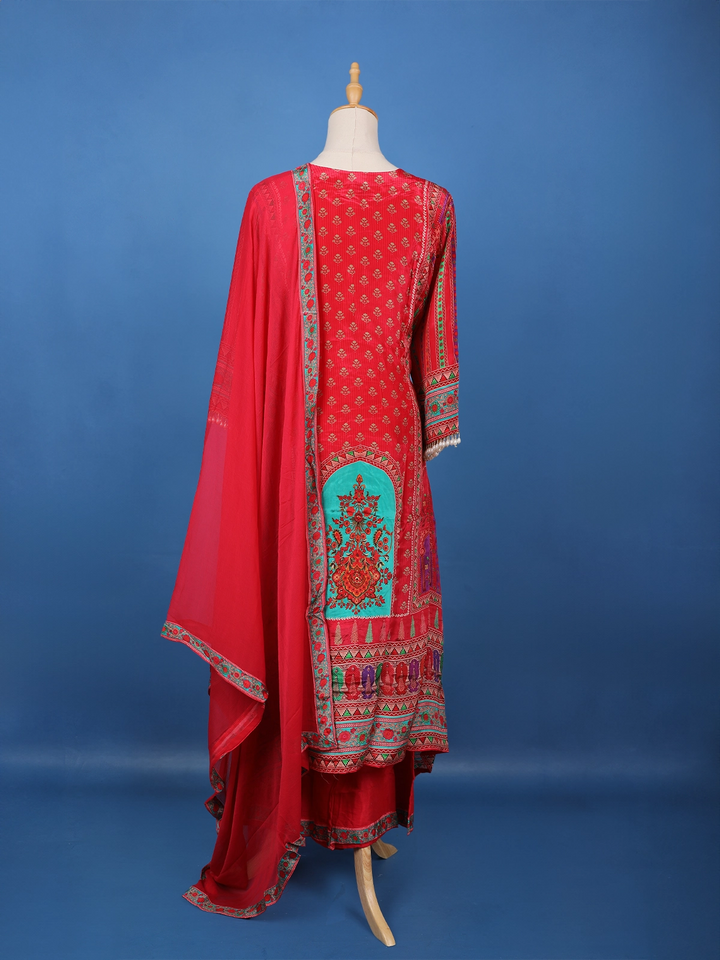 Red Floral Printed Synthetic Palazzo Salwar Suit - Diadem