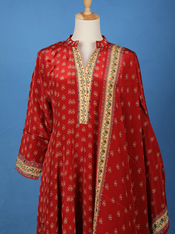 Red Floral Printed Synthetic Salwar Suit - Diadem