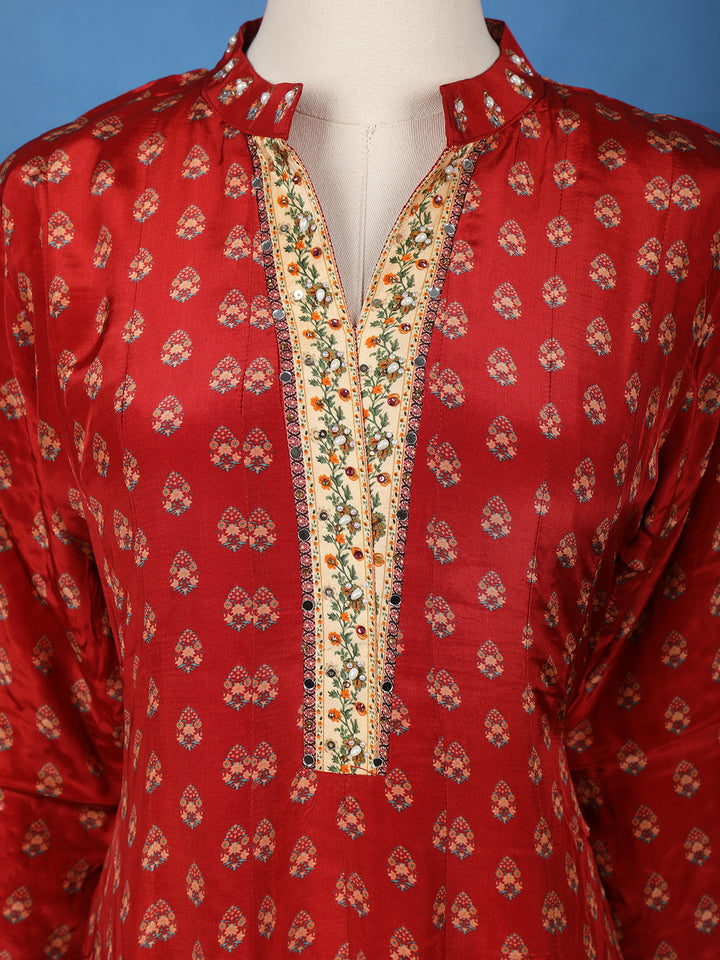 Red Floral Printed Synthetic Salwar Suit - Diadem