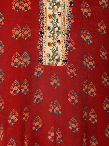 Red Floral Printed Synthetic Salwar Suit - Diadem
