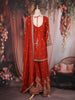 Red Floral Sequins Embroidered Design Crepe Palazzo Suit