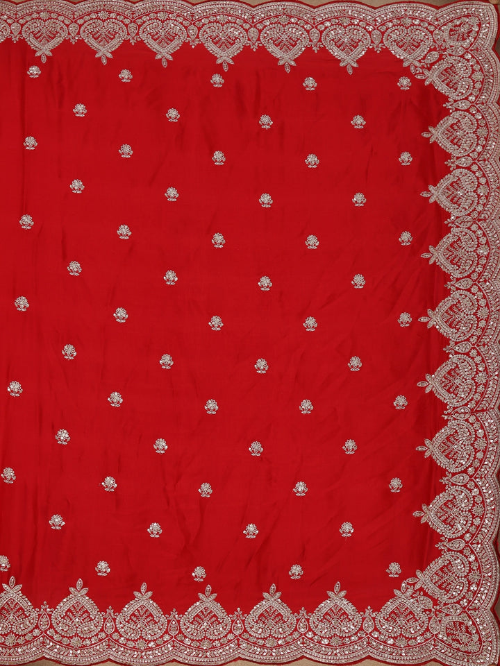 Red Floral Sequins Embroidered Satin Saree - Diadem