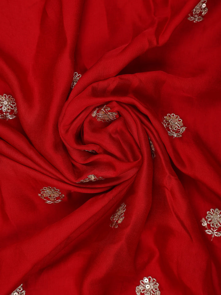 Red Floral Sequins Embroidered Satin Saree - Diadem