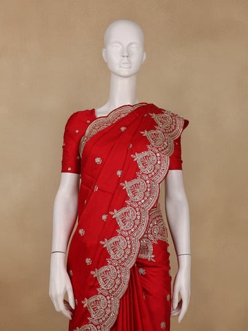 Red Floral Sequins Embroidered Satin Saree - Diadem