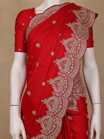 Red Floral Sequins Embroidered Satin Saree - Diadem
