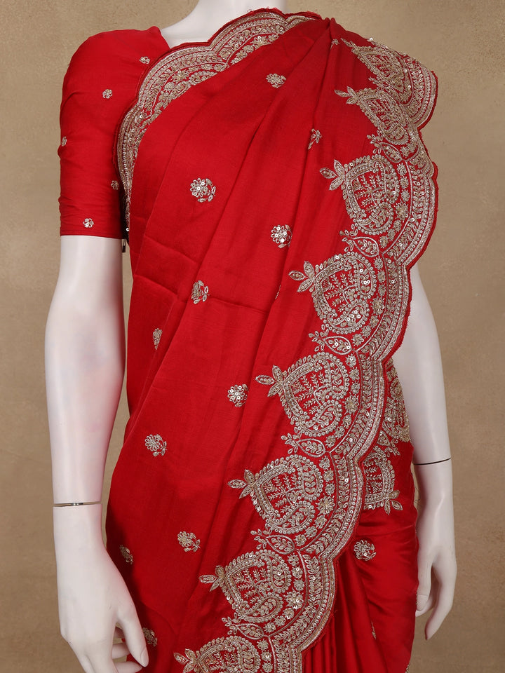 Red Floral Sequins Embroidered Satin Saree - Diadem