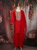 Red Floral Thread Embroidered Design Raw Silk Sharara Suit With Dupatta