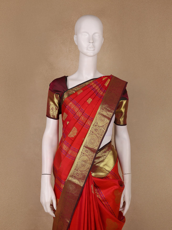 Red Striped Woven Pure Kanchipuram Silk Saree - Diadem