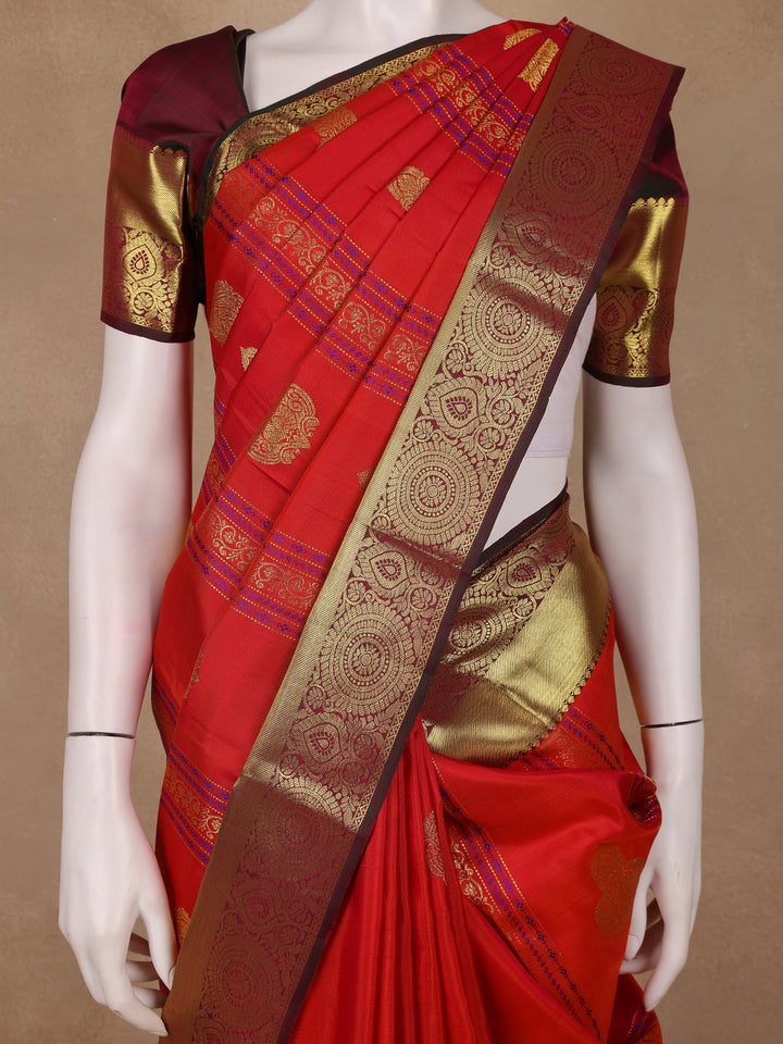 Red Striped Woven Pure Kanchipuram Silk Saree - Diadem