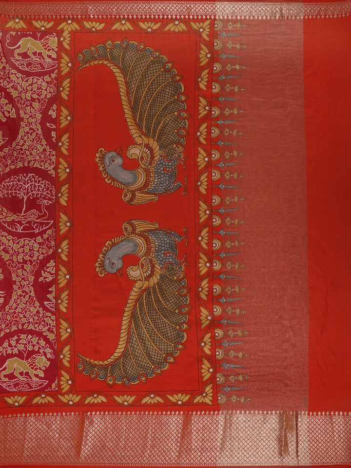 Red Floral Woven Tussar Silk Saree - Diadem