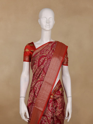 Red Floral Woven Tussar Silk Saree - Diadem
