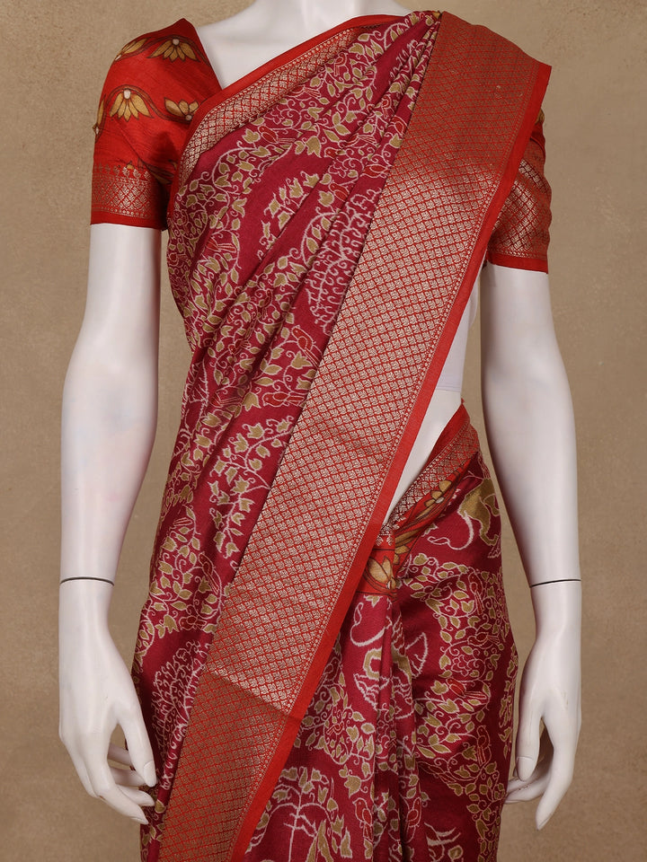Red Floral Woven Tussar Silk Saree - Diadem