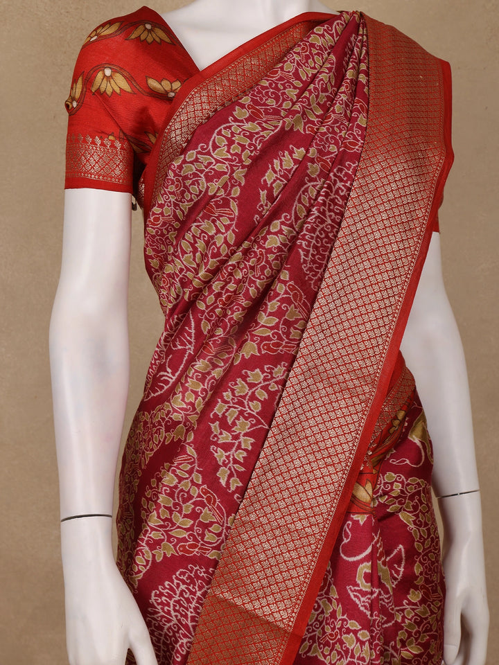 Red Floral Woven Tussar Silk Saree - Diadem
