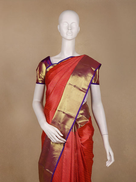 Red Geometric Diamond Woven Design Pure Kanchipuram Silk Saree - Diadem