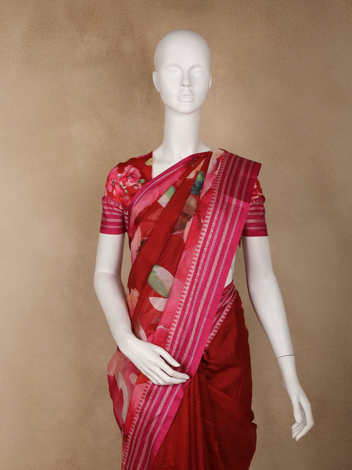 Red Multicolor Floral Print Kota Cotton Saree - Diadem