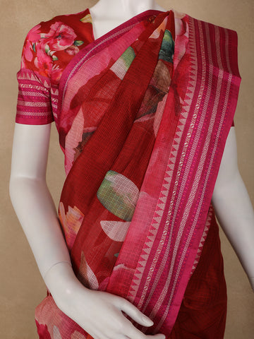 Red Multicolor Floral Print Kota Cotton Saree - Diadem
