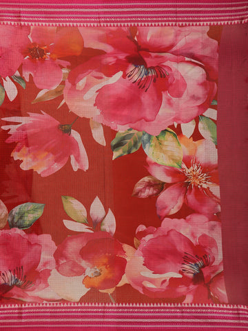 Red Multicolor Floral Print Kota Cotton Saree - Diadem