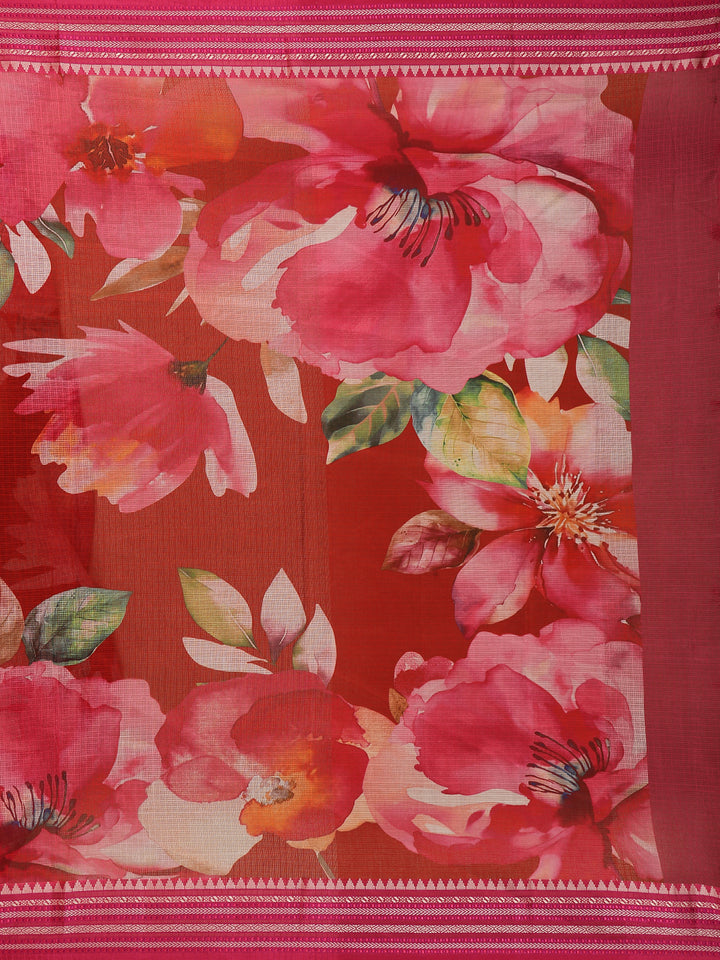 Red Multicolor Floral Print Kota Cotton Saree - Diadem