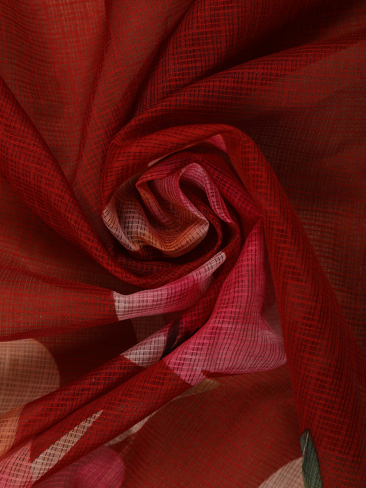 Red Multicolor Floral Print Kota Cotton Saree - Diadem